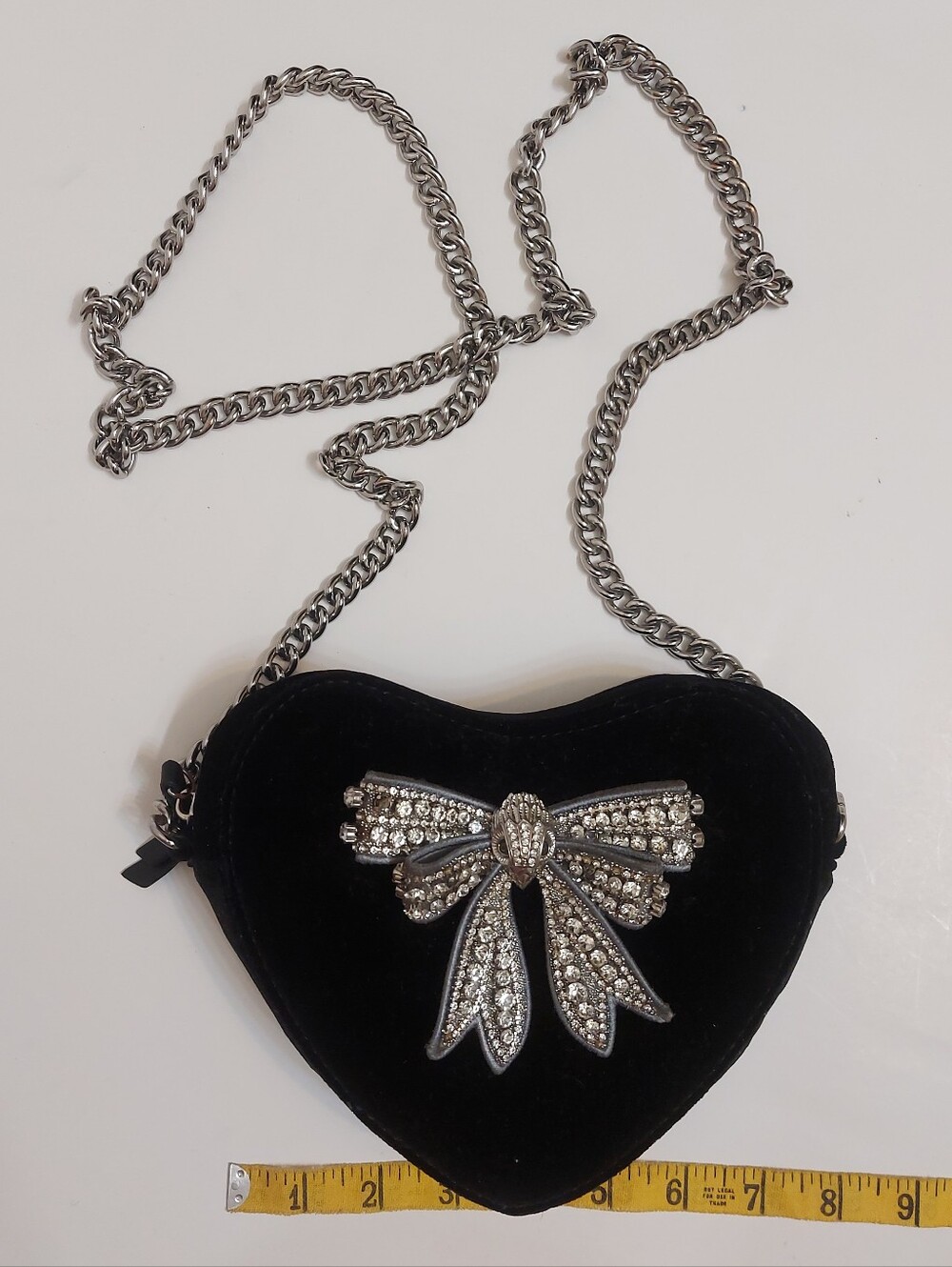 Kurt Geiger Black Velvet Heart Mini Bag with Crystal Bow and Silver Chain
